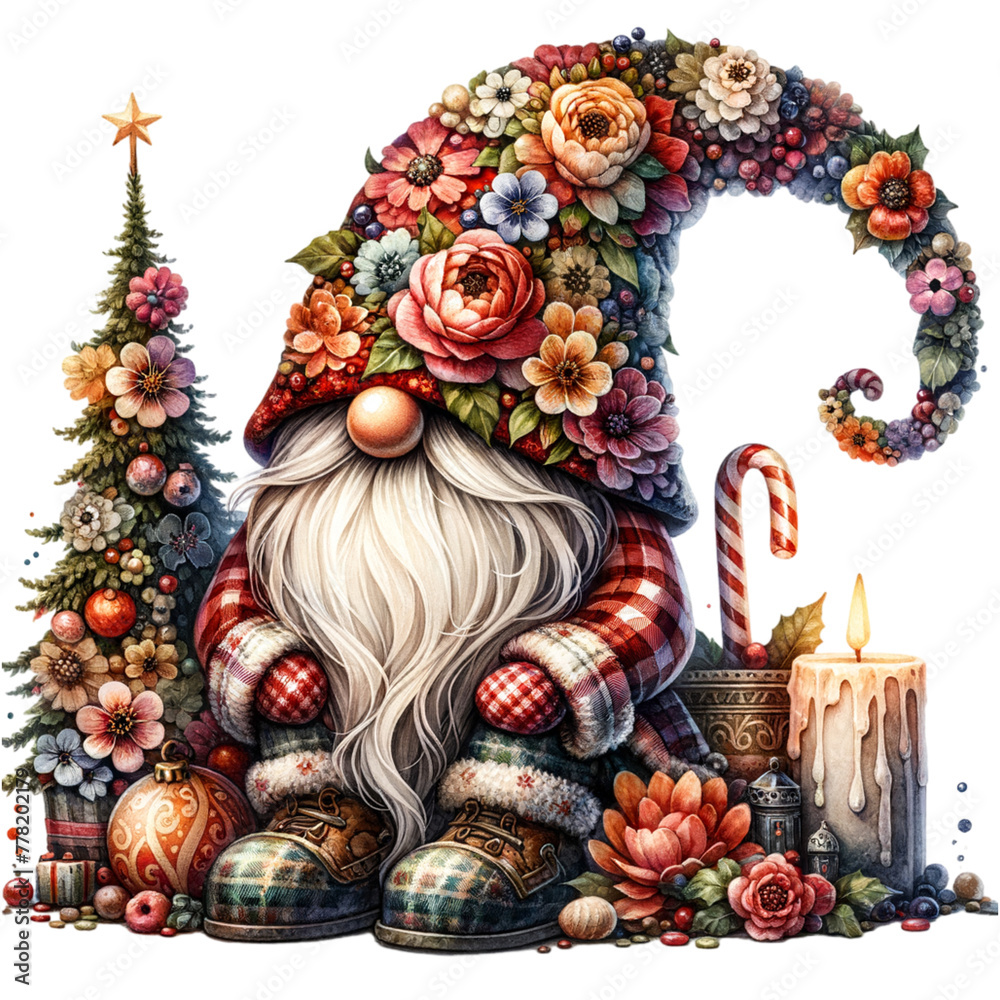 Christmas Floral gnome with a hat covering his face isolated and cut-out on white background Ai Generative