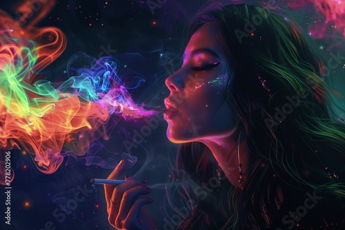 Positive vibes, Colorful Exhale, Magic portrait of a woman in the club, colorfully colored, style of spray painted realism, abstraction-creation, summer concept