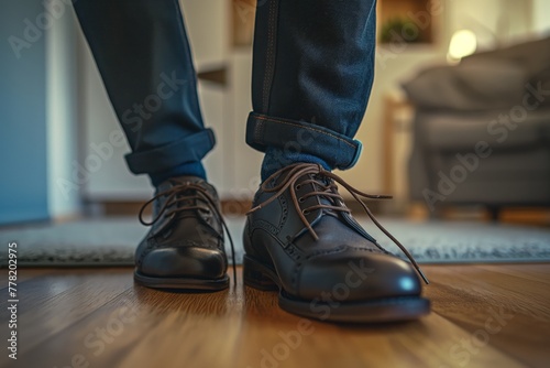 A close-up view of a person's feet in stylish leather shoes, complemented by rolled-up dark jeans, with a cozy living room setting blurred in the background.