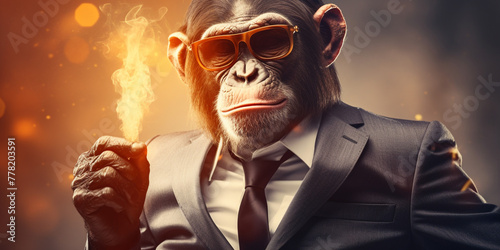 portrait of a monkey in business suit with thump up, in the style of photobashing сreated with Generative Ai photo