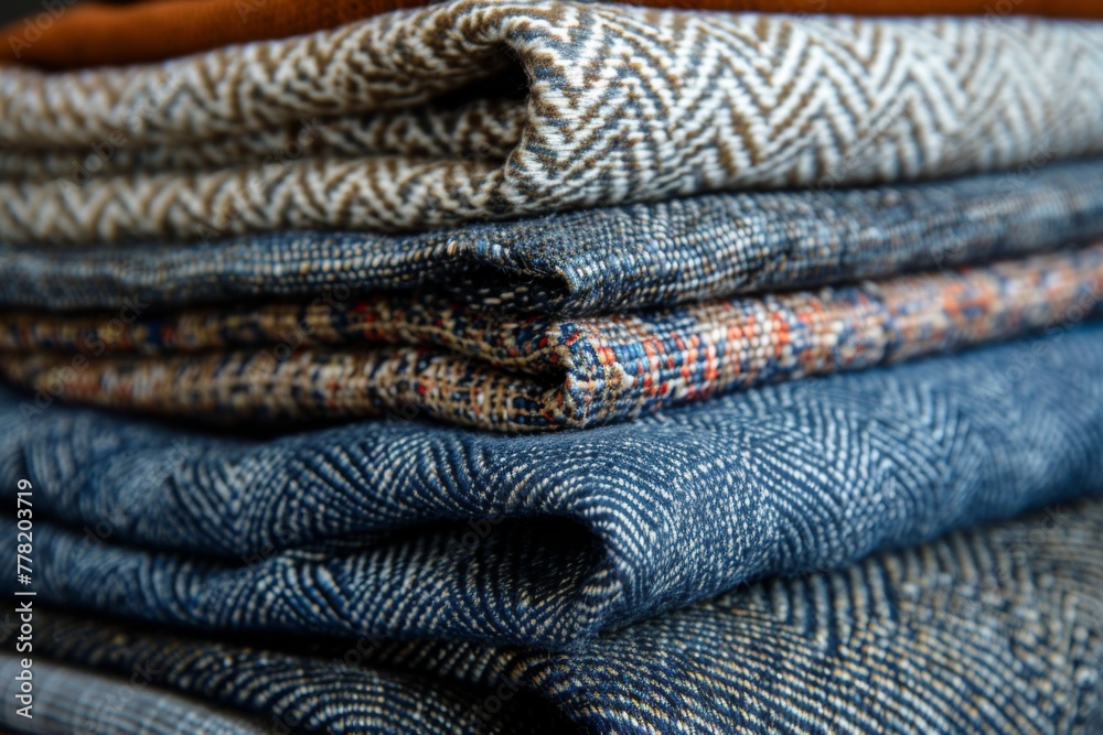 Close-up of a stack of various denim and woven fabrics, highlighting the diverse patterns and textures in textiles.
