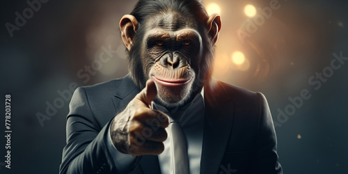 portrait of a monkey in business suit with thump up, in the style of photobashing сreated with Generative Ai photo