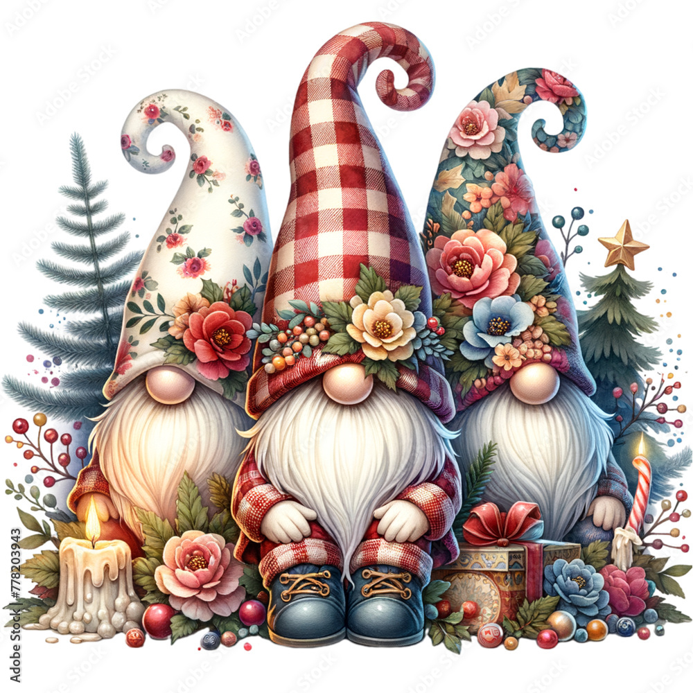 Floral Three gnome with a hat covering his face isolated and cut-out on white background Clipart Download File