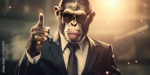 portrait of a monkey in business suit with thump up, in the style of photobashing сreated with Generative Ai photo