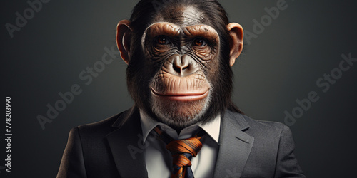 portrait of a monkey in business suit with thump up, in the style of photobashing сreated with Generative Ai © Andrii Yablonskyi