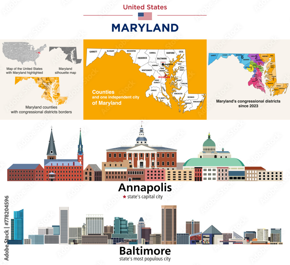 Maryland counties map and congressional districts since 2023 map. Annapolis (state's capital city) and Baltimore (state's most populous city) skylines. Vector set