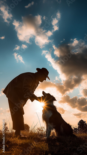 Silhouetted Man and Dog Sharing a Bond at Sunset