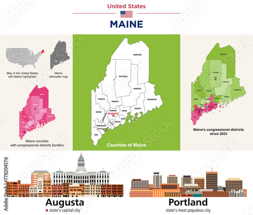 Maine counties map and congressional districts since 2023 map. Augusta (state's capital city) and Portland (state's most populous city) skylines. Vector set