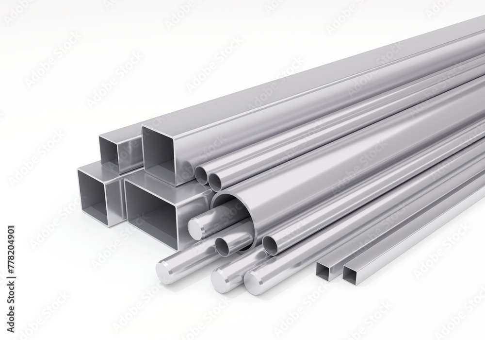 Different metal steel products. Steel industry business. 3D rendering. Different metal steel products. Steel industry business. 3D rendering.