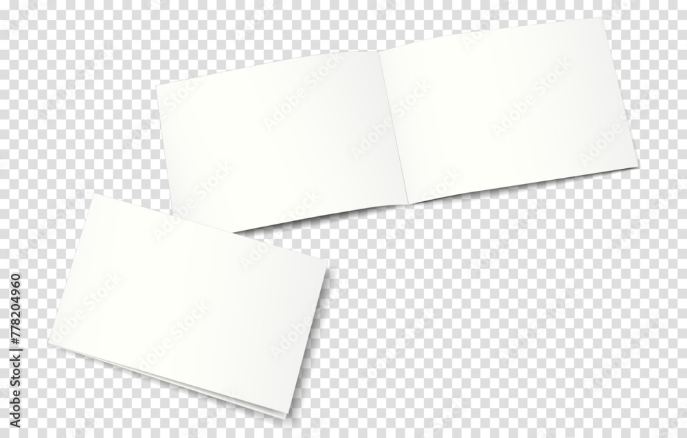 Mockup of an open (bottom) and closed (top) two-page booklet, notebook, brochure, magazine, book. Transparent background. 3D vector illustration for your design. Mockup of an open (bottom) and closed (top) two-page booklet, notebook, brochure, magazine, book. Transparent background. 3D vector illustration for your design.