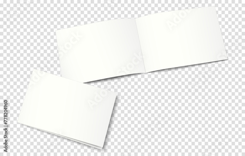Mockup of an open (bottom) and closed (top) two-page booklet, notebook, brochure, magazine, book. Transparent background. 3D vector illustration for your design.