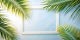 Tropical palm leaves and white frame on blue background with copy space. AI generated