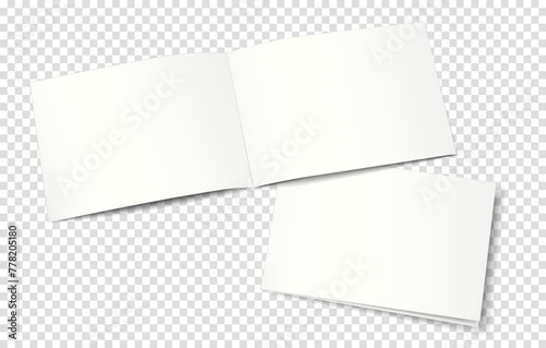 Mockup of an open (top) and closed (bottom) two-page booklet, notebook, brochure, magazine, book. Transparent background. 3D vector illustration for your design.