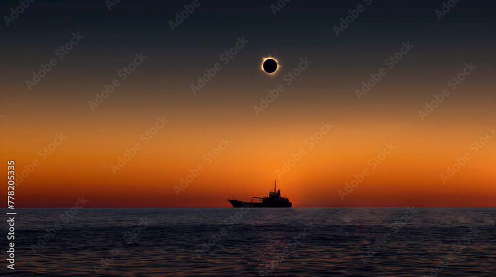 Ship silhouette against a total solar eclipse at sea - obrazy, fototapety, plakaty 
