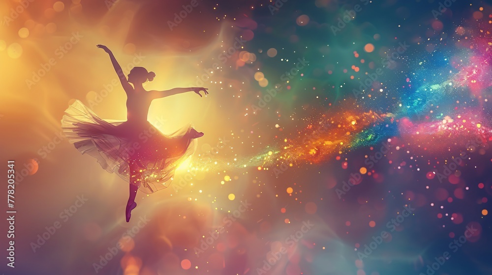 Dancers embodying celestial phenomena ballet merged with cosmic art style in harmony