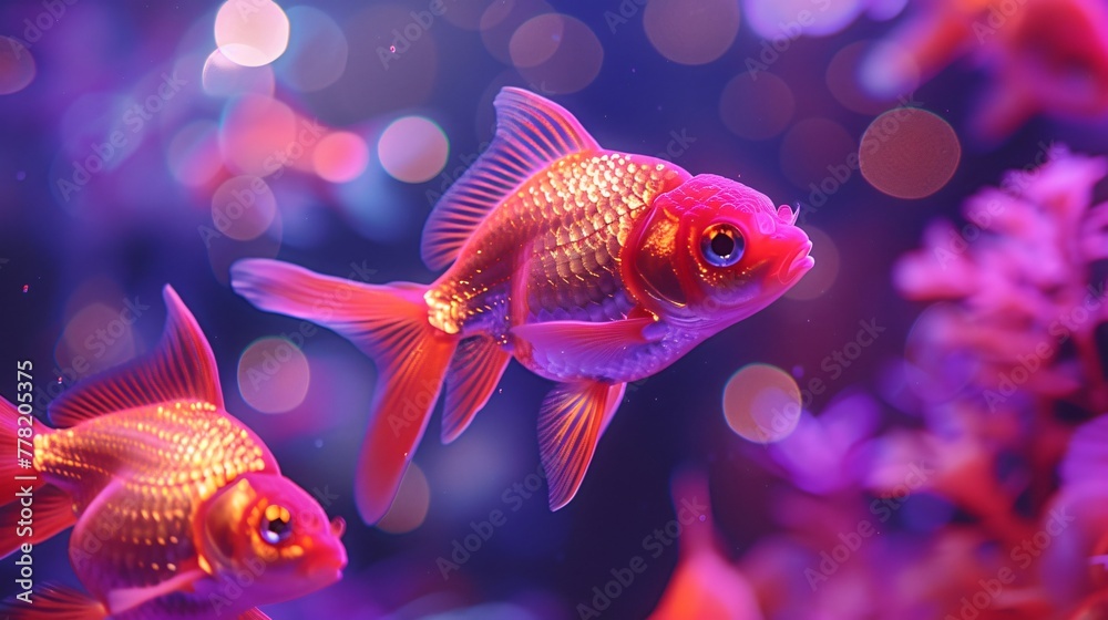 Digital art depicting a school of goldfish each one shimmering with an inner light turning the dark waters into a canvas of moving glowing art Digital art depicting a school of goldfish each one shimmering with an inner light turning the dark waters into a canvas of moving glowing art