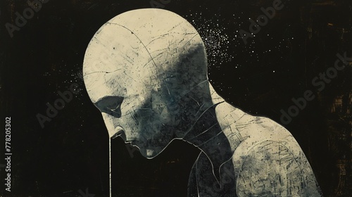 Conceptual drawing of a person head bowed with sawdust leaking from ears a metaphor for the loss of intellectual substance photo