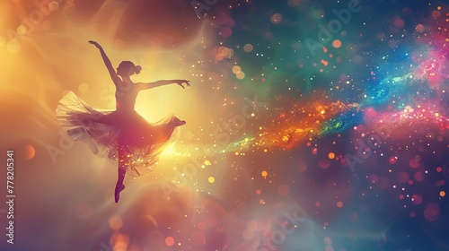 Dancers embodying celestial phenomena ballet merged with cosmic art style in harmony photo