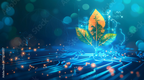 Tree growing on the converging point of computer circuit board. Blue light and wireframe network background. Green Computing, Green Technology, Green IT, csr, and IT ethics Concept.