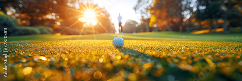 white golf ball on green grass of lawn on golf course in summer at sunset