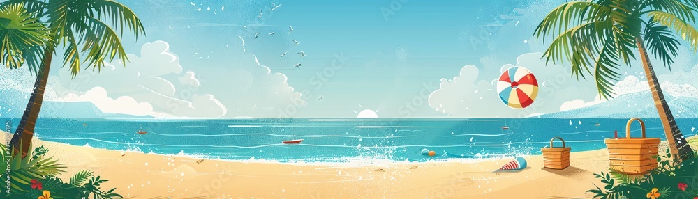Family-friendly summer picnic poster showcasing a sunny beach scene with palm trees