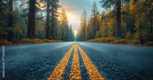 scandinavian road, summer, highway, beautiful autumn evening, pines, spruces, landscape photography #778206301