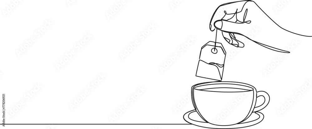 continuous single line drawing of hand holding tea bag above cup of tea, line art vector illustration - obrazy, fototapety, plakaty 