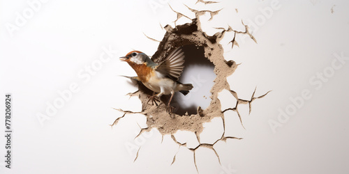 a bird peeking from a hole in a wall carry a acorn isolatet on a white backround   reated with Generative Ai