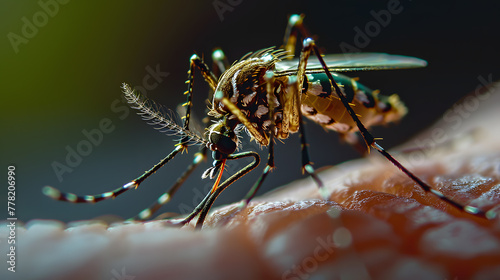 Macro photography of an arthropod, a mosquito, biting a persons arm