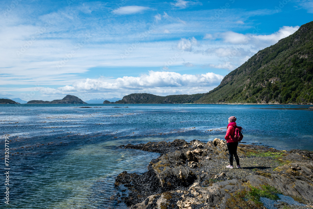 Mujer mirando al horizonte en la Bahía Lapataia, en Ushuaia, Patagonia Argentina	