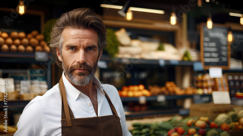 Handsome Proud Greengrocer, Portrait of a Hardworking Man in His Vegetable and Fruit Shop, Generative AI
