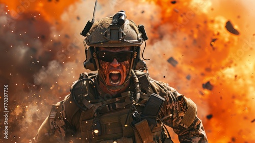 A soldier in combat gear shouting with an intense expression against an explosive background, depicting an action scene. © Moopingz