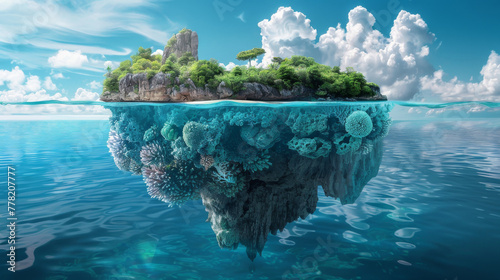 Fantasy island cliff with lush greenery over tropical sea with underwater coral reef  under a sunny sky with fluffy clouds.