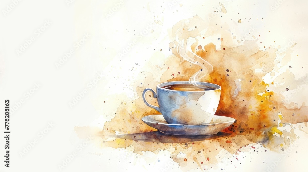 Fototapeta premium Cozy Watercolor Caf Scene with Steaming Hot Beverage