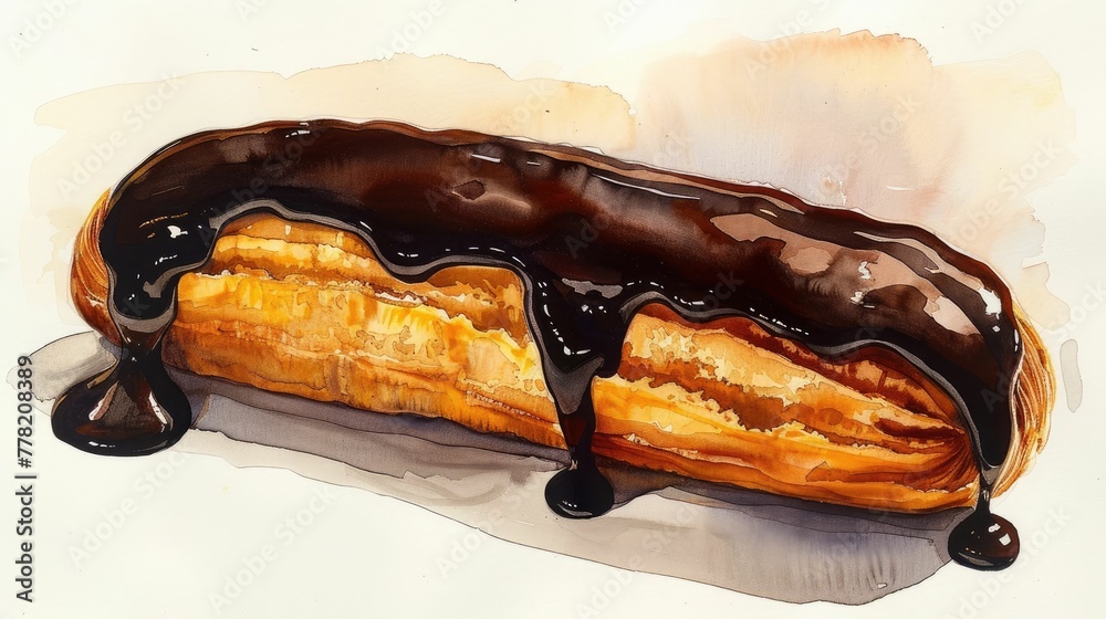Glossy Chocolate Glazed clair with Creamy Filling in Watercolor Rendition