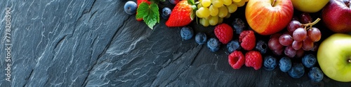 a selection of healthy fruit on a slate worktop