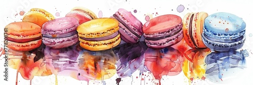 Vibrant Watercolor Rendition of Macarons Arranged in a Colorful Display of Delectable Confectionery Delights