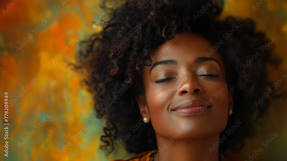 Colourful background. Relaxed black woman with curly hair, closed eyes, perfect skin and minimum makeup is enjoying the moment. Spa procedure. Selective focus. Natural woman beauty concept Colourful background. Relaxed black woman with curly hair, closed eyes, perfect skin and minimum makeup is enjoying the moment. Spa procedure. Selective focus. Natural woman beauty concept