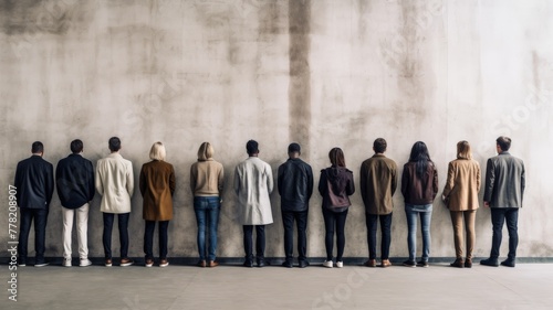 Diversity conception, People in casual clothes standing backside in a line against each other in front of a white wall.