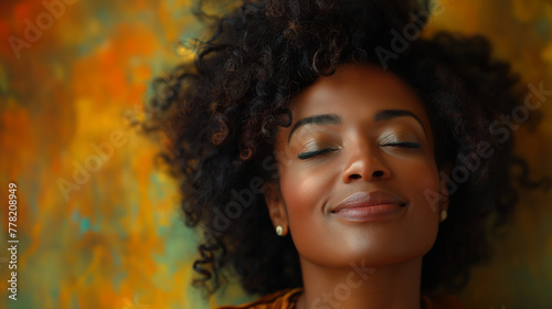 Colourful background. Relaxed black woman with curly hair, closed eyes, perfect skin and minimum makeup is enjoying the moment. Spa procedure. Selective focus. Natural woman beauty concept 