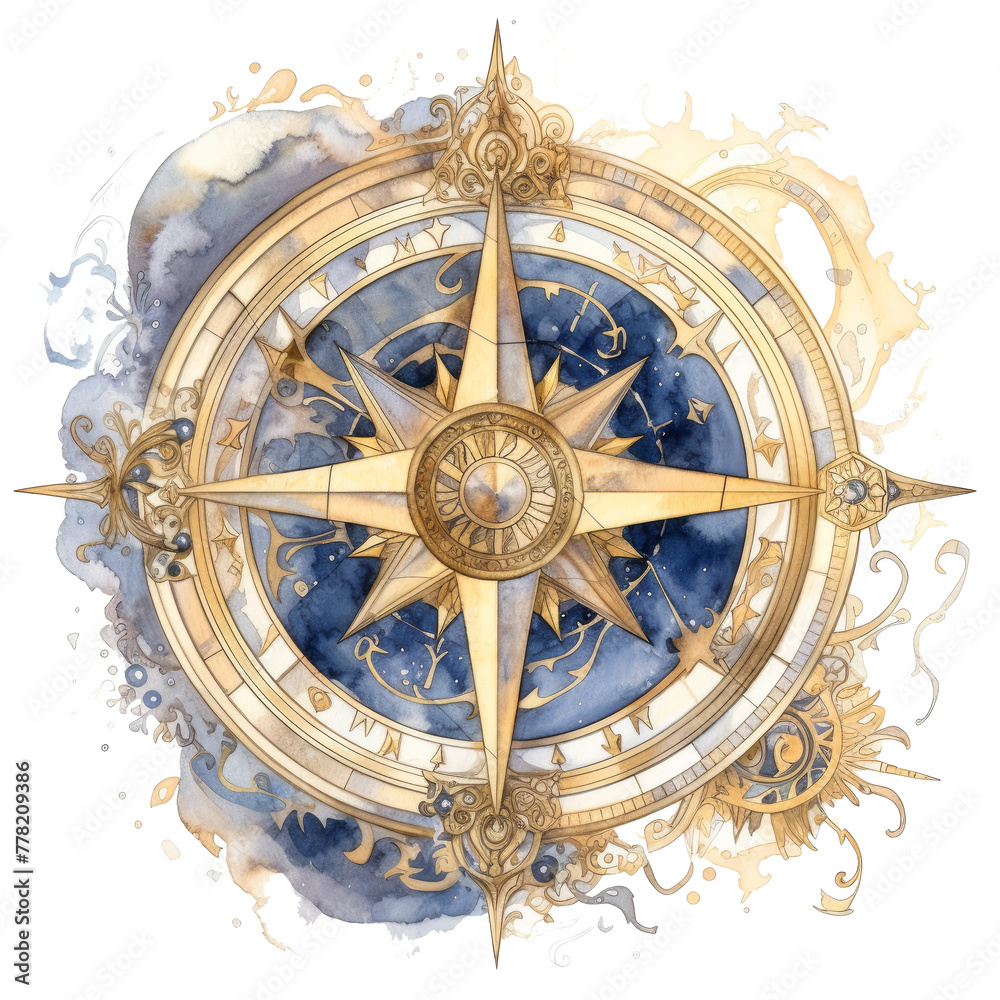 Intricate golden compass on celestial backdrop