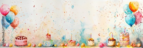 Vibrant Watercolor Backdrop with Birthday Cakes Balloons and Confetti Sprinkles