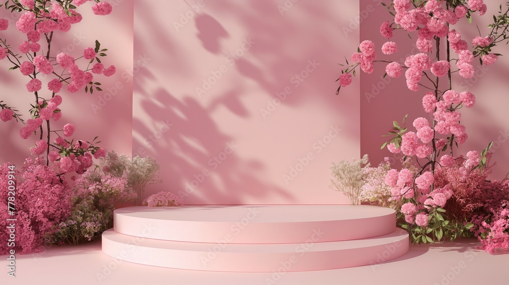 Podium mockup,pastel podium for product display,lovely spring,cherry blossom flower background,3d render