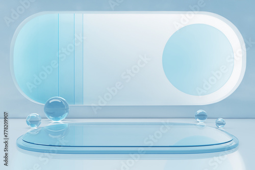 White lab and light blue clear glass backdrop with crystal ball. stage podium clean cool bright. glow light bright product display stand. pedestal for beauty cosmetic or skin care. 3D Illustration.