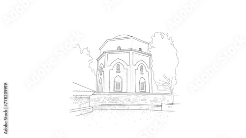 Bursa Green Tomb (Yesil Turbe) illustration. black and white sketch of Green shrine behind trees  hand drawn Green Tomb (Yeşil Türbe) illustration. sketch drawing photo