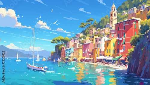 illustration of Portofino in Italy. The scene includes colorful buildings on cliffs overlooking water with boats at bay