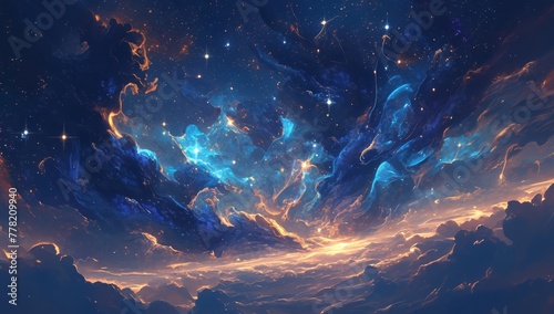 amazing blue and orange nebula with stars  space background