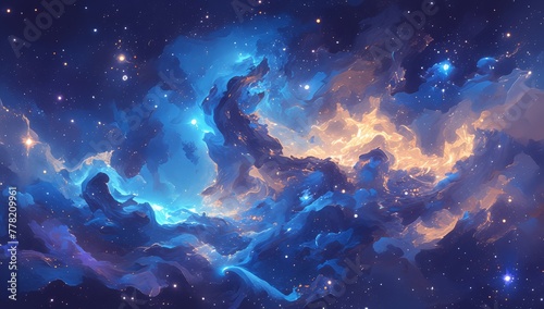amazing blue and orange nebula with stars, space background 