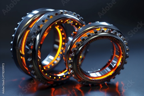 Two metallic bearings with glowing orange elements, indicating heat or movement, stand against a dark backdrop.