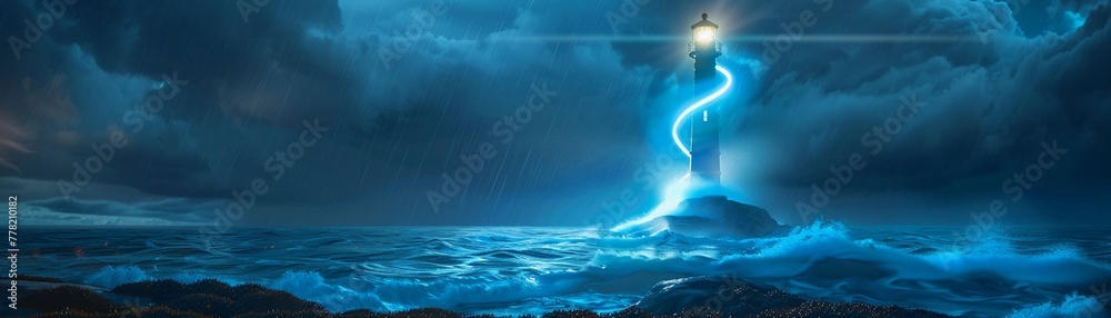 3D lighthouse beam turning into a spiral of blue glowing energy, night ocean scene, panoramic view, guiding light.